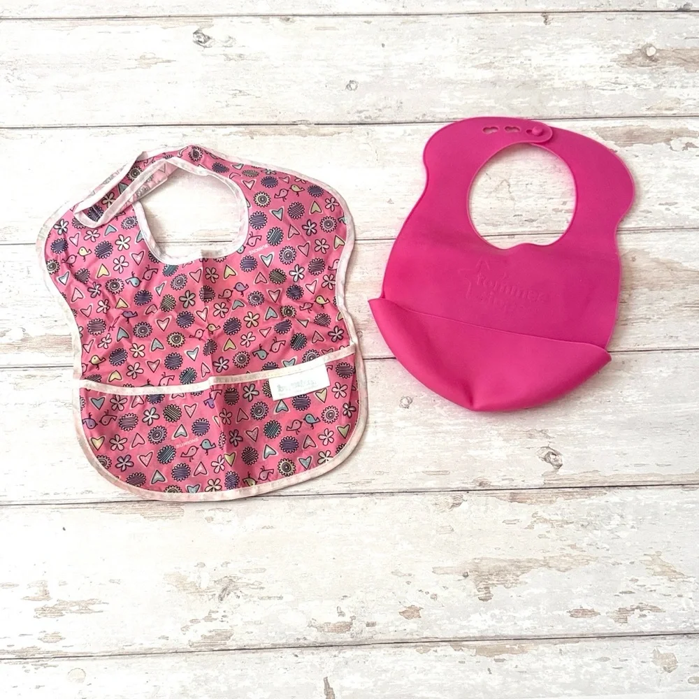 Baby Girl Waterproof Bibs Pink Silicone Tommy Tippee & Hearts Birds Bumkins